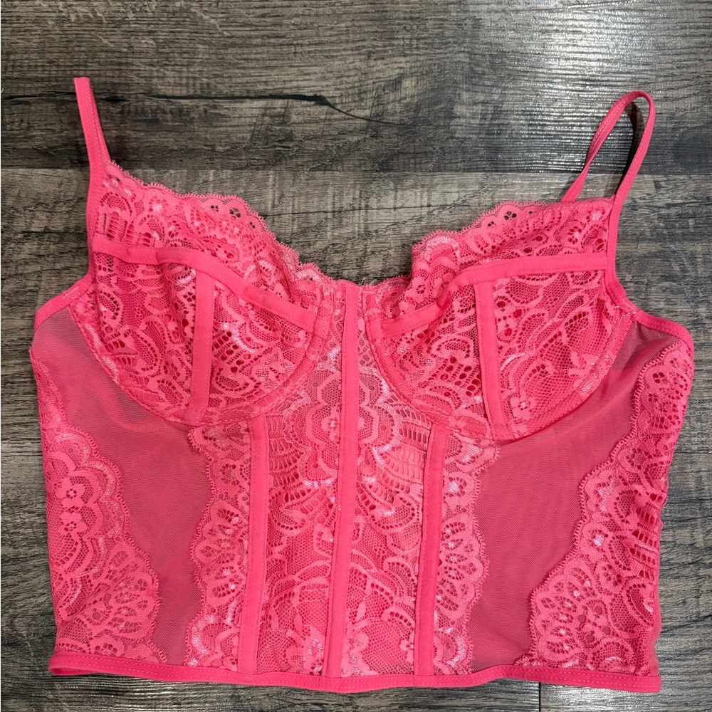 Francesca's Collections Pink Lace Mesh Cropped Corset Tank Top - Size Medium